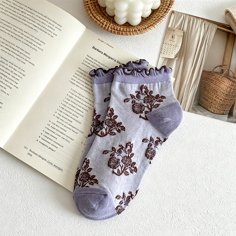 CouldNook Ruffled Cuff Embossed Floral Low Socks - Ethnic Women Socks