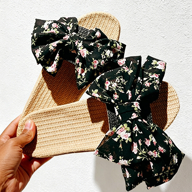 CouldNook Japanese Floral Linen Big Bow Slide Slippers - Sunny Room Accent