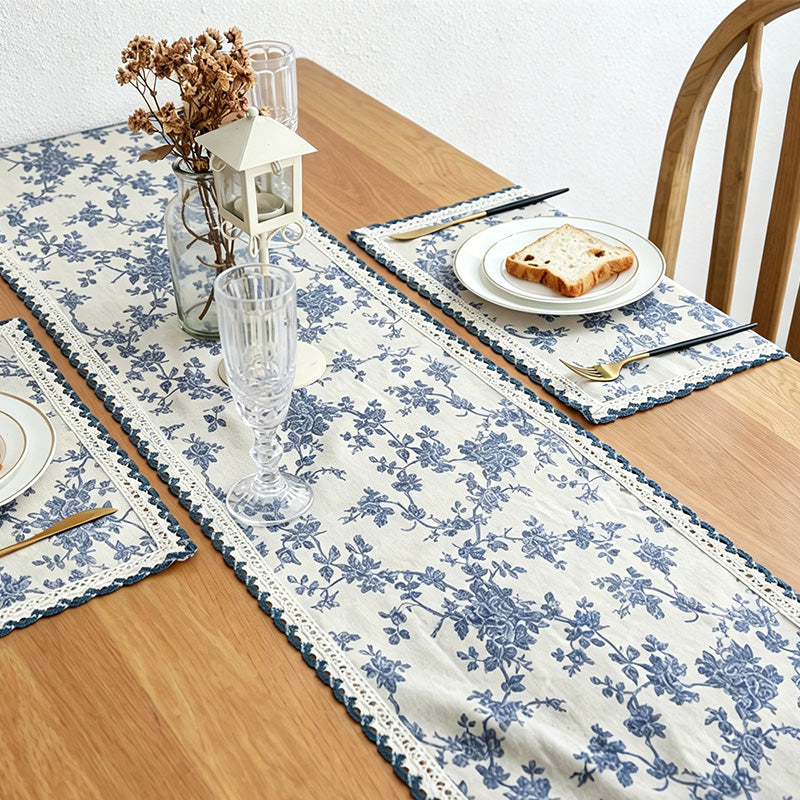 CouldNook Blue Floral Table Runner - Aesthetic Cotton-Linen Decor
