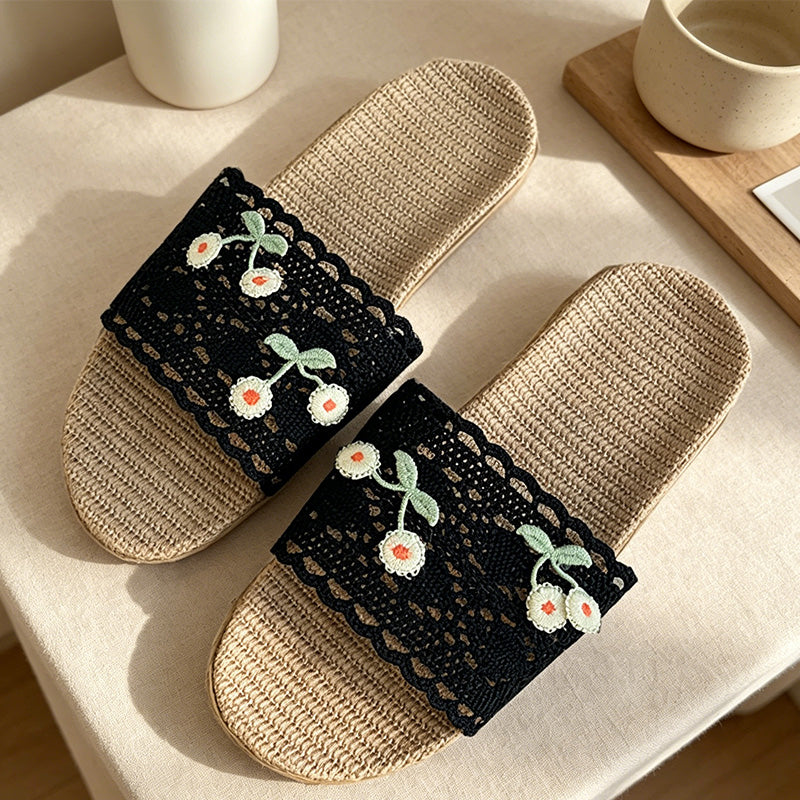 CouldNook Cherry Embroidery-Look Open Toe Slippers - Summer Home Accent