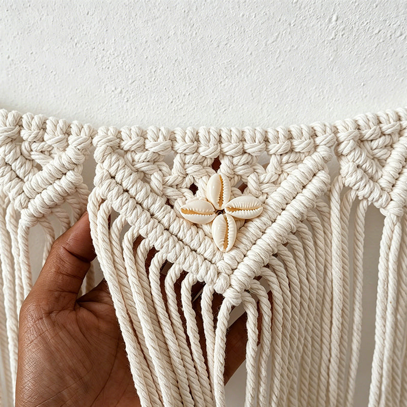 CouldNook Shell Accent Macrame Wall Banner – Boho Fringe Wall Hanging Tapestry
