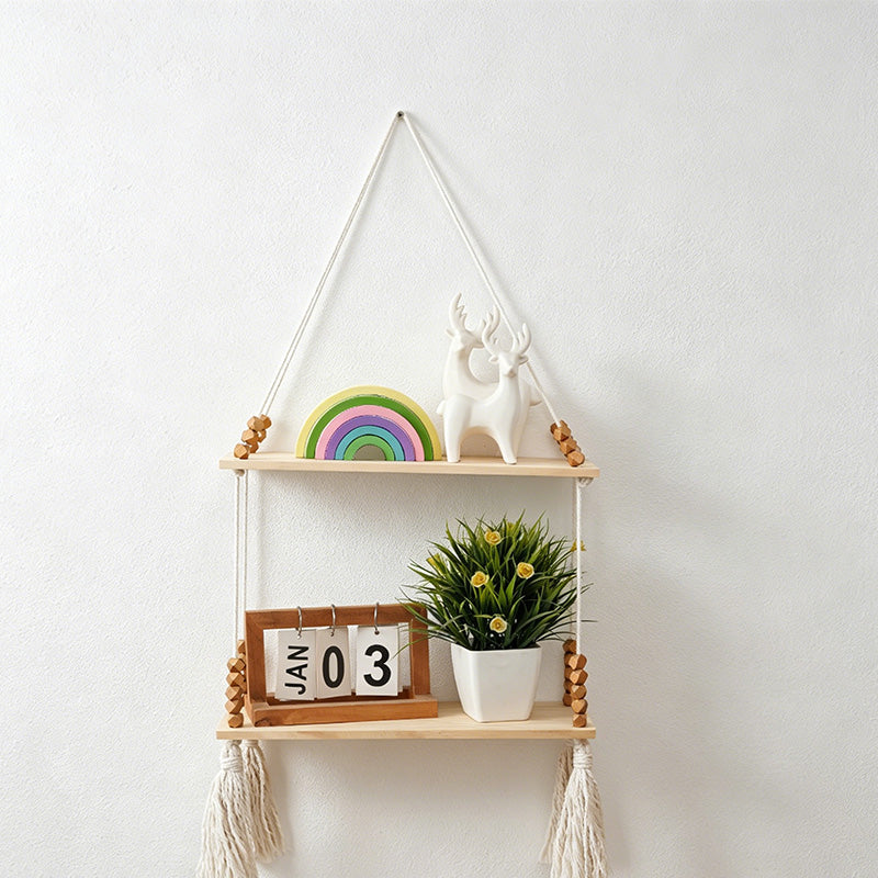 CouldNook Macrame Hanging Wall Shelf - Wooden Display Rack