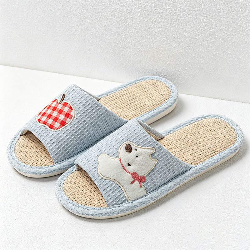 CouldNook Apple Bear Linen-Look Open Toe Slippers - Cozy Indoor Accent