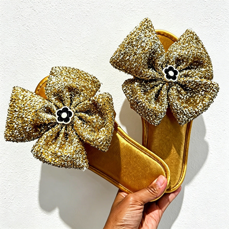 CouldNook Sequin-Look Flower Open Toe Slippers - Bright Dressing Accent