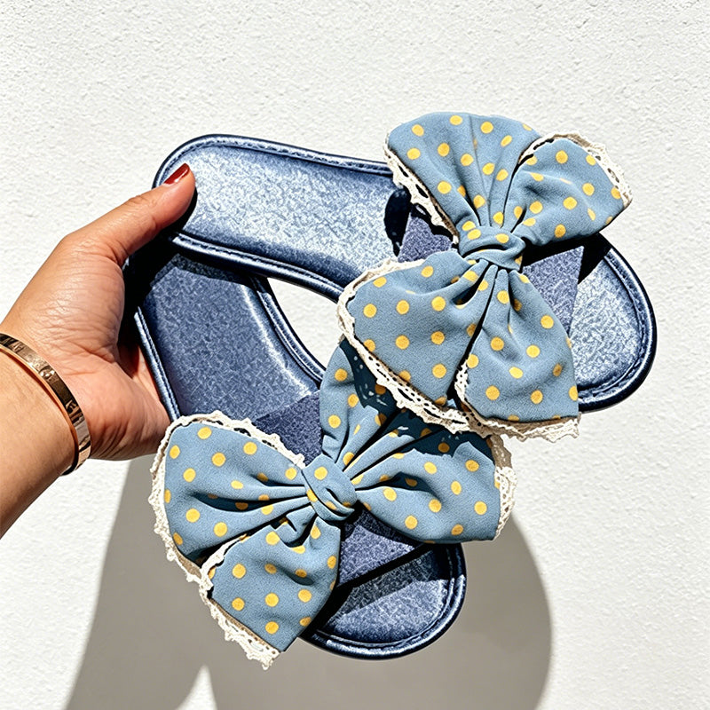 CouldNook Polka Dot Bow Satin Slide Slippers - Cheerful Room Accent