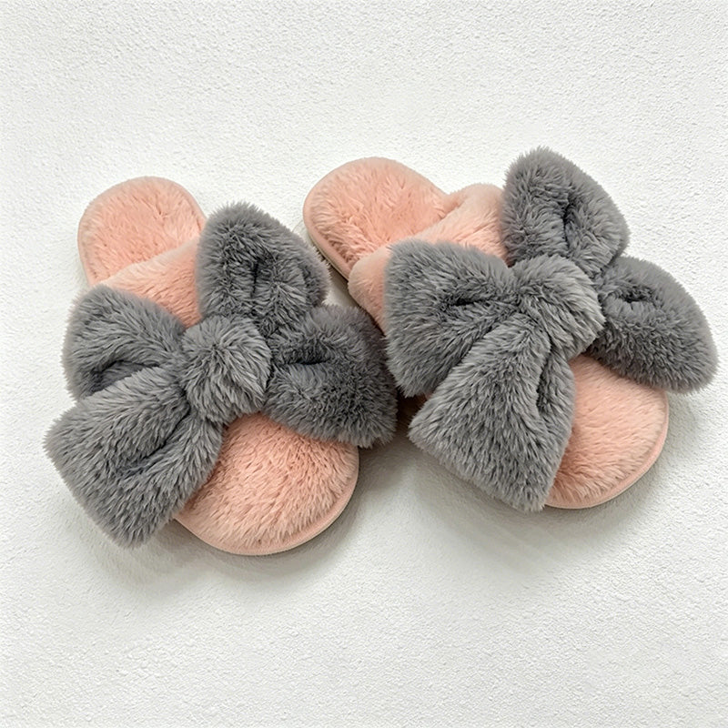 CouldNook Bunny Ear Bow Open Toe Slippers - Soft Bedroom Accent