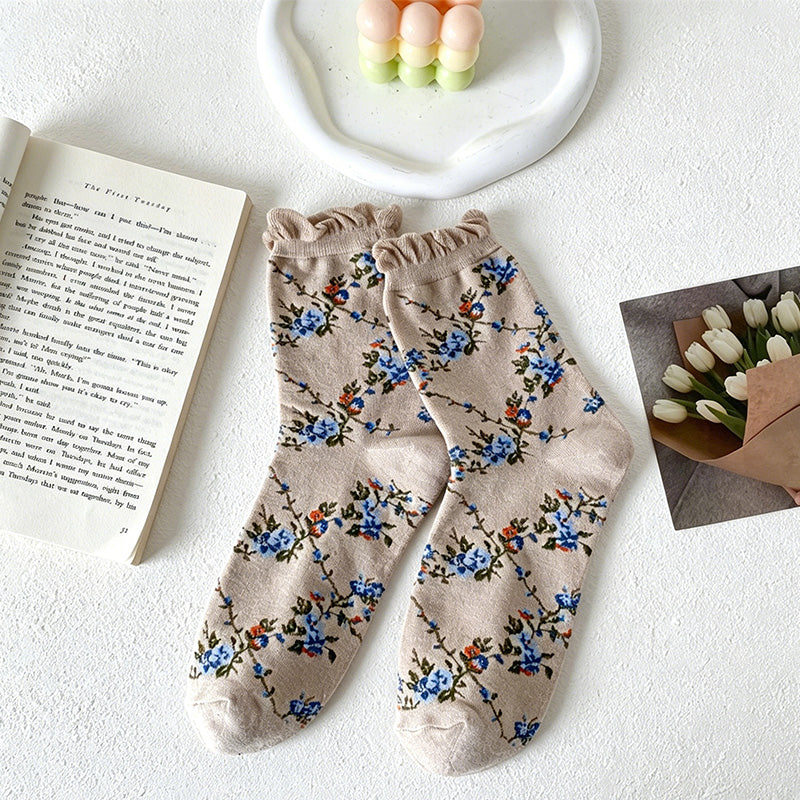 CouldNook Bubble Cuff Rose Floral Mid-Calf Socks - Stackable Socks