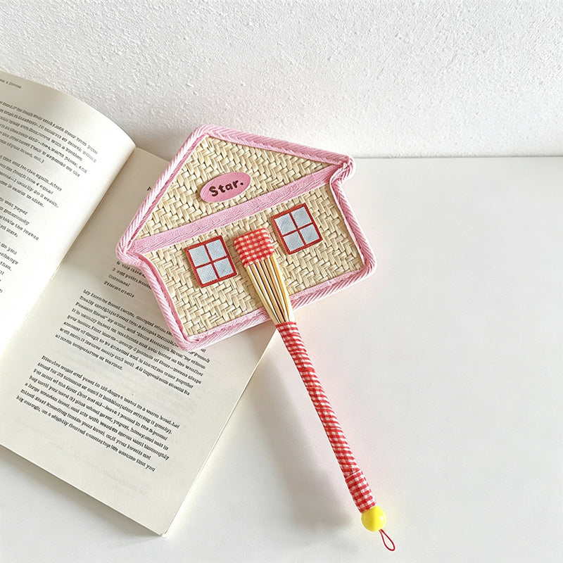 CouldNook Hand-Woven Straw Hand Fan - Cartoon House & Penguin Handheld Fan