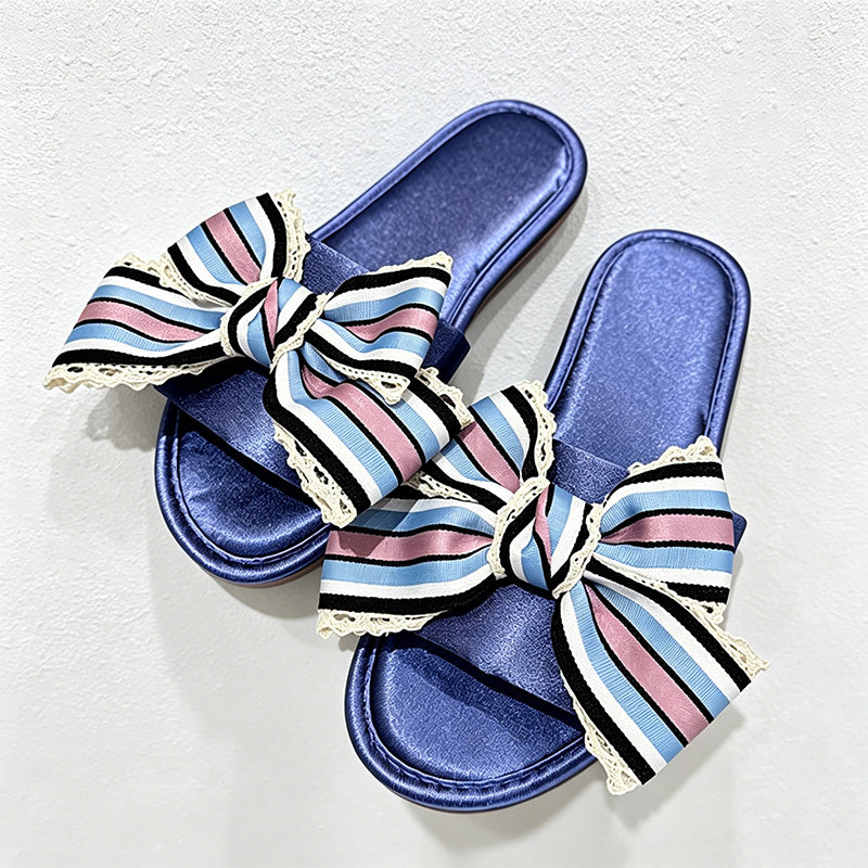 CouldNook Striped Bow Open Toe Slippers - Relaxed Home Accent