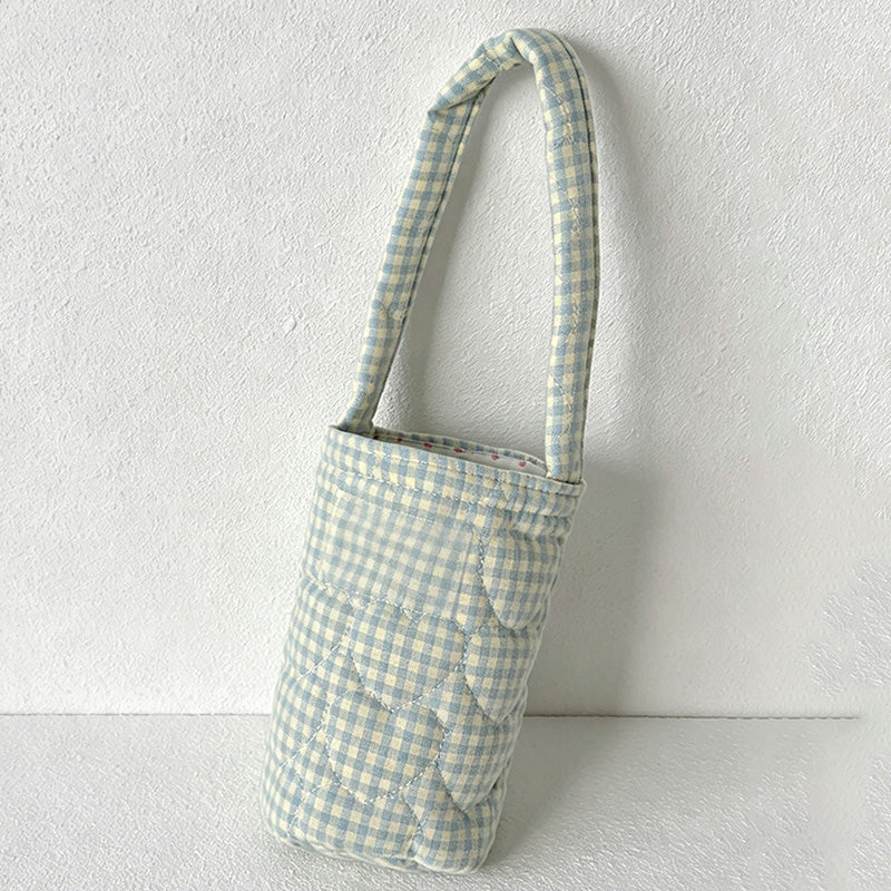 CouldNook Gingham Quilted Fabric Cup Sleeve - Portable Drink Bottle Carrier Bag