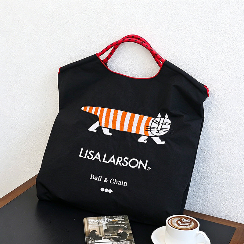 CouldNook Striped Cat Lisa Larson Style Embroidery Shopping Bag - Everyday Market Accent
