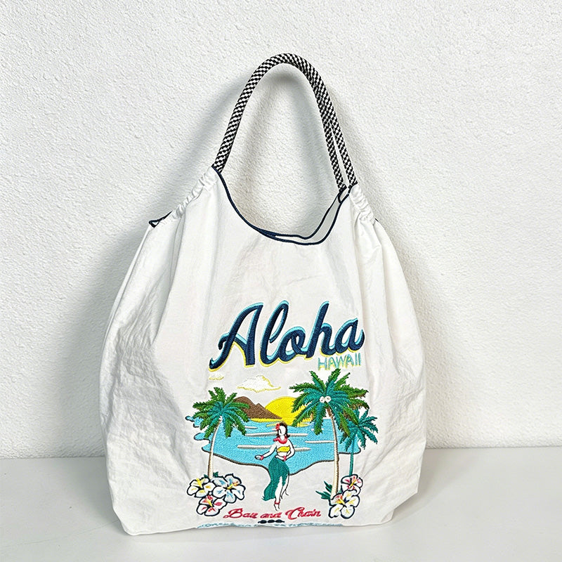 CouldNook Aloha Hawaii Scenery Embroidery Shopping Bag - Everyday Market Accent