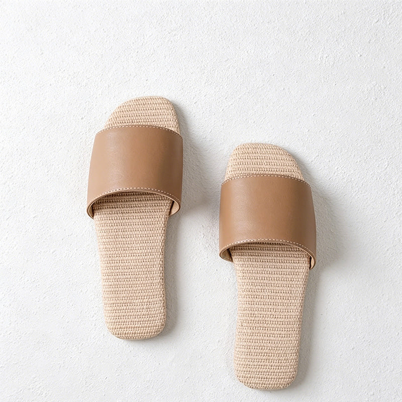 CouldNook Faux Leather Linen Sole Open Toe Slippers - Four Season Accent