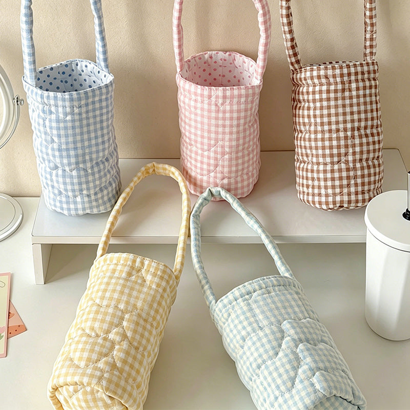 CouldNook Gingham Quilted Fabric Cup Sleeve - Portable Drink Bottle Carrier Bag