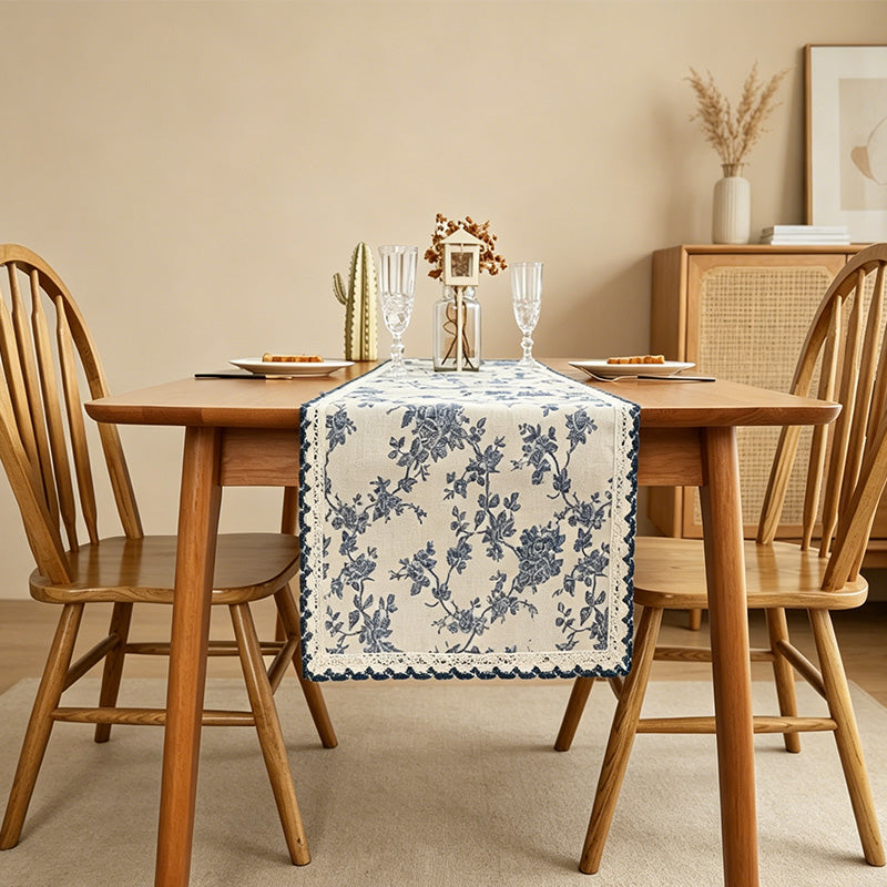 CouldNook Blue Floral Table Runner - Aesthetic Cotton-Linen Decor