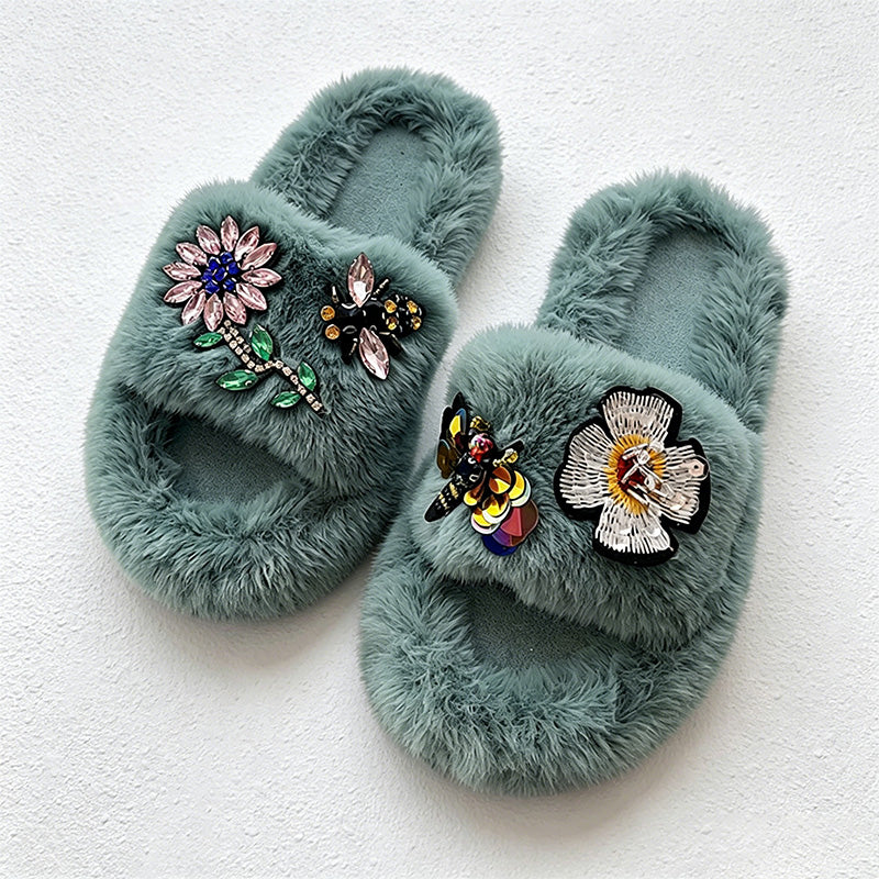 CouldNook Gem-Look Flower Plush Open Toe Slippers - Bright Room Accent