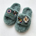 CouldNook Gem-Look Flower Plush Open Toe Slippers - Bright Room Accent