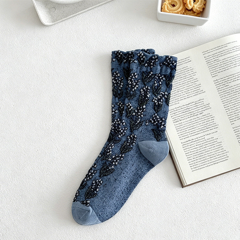 CouldNook Embossed Floral Mid-Calf Socks - Women's Retro Casual Stackable Socks