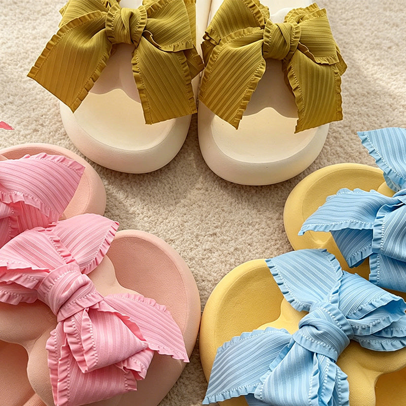 CouldNook Candy Color Ruffled Ribbon Bow Slide Slippers - Soft Lounge Accent