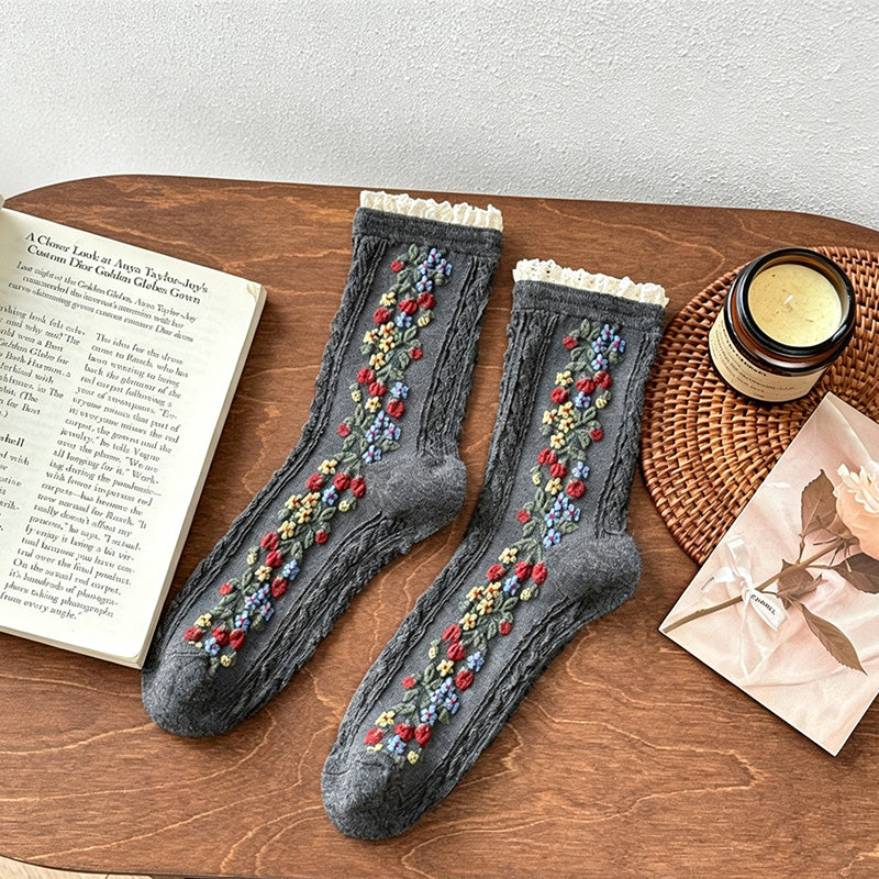 CouldNook Lace Ruffle Embossed Floral Socks - Women Ethnic Stackable Socks
