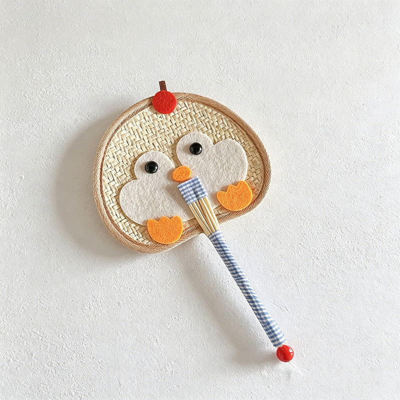 CouldNook Hand-Woven Straw Hand Fan - Cartoon House & Penguin Handheld Fan