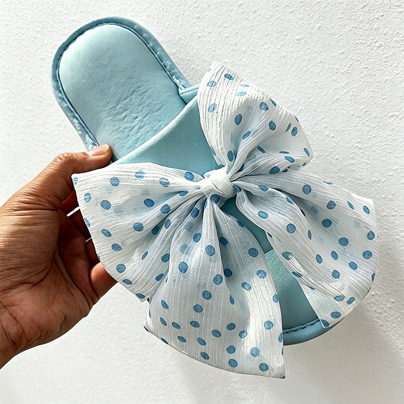 CouldNook Polka Dot Ribbon Bow Open Toe Slippers - Gentle Room Accent