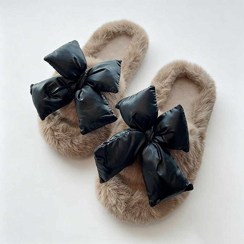 CouldNook Contrast Bow Plush Open Toe Slippers - Soft Shelf Accent