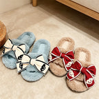 CouldNook Contrast Ribbon Plush Open Toe Slippers - Cozy Dressing Accent