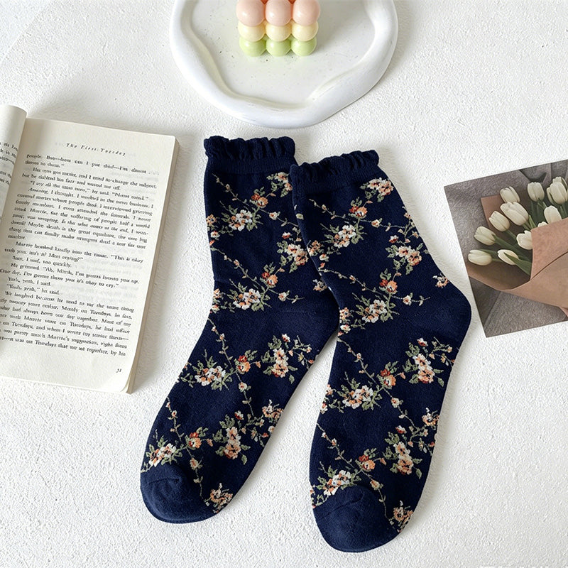 CouldNook Bubble Cuff Rose Floral Mid-Calf Socks - Stackable Socks