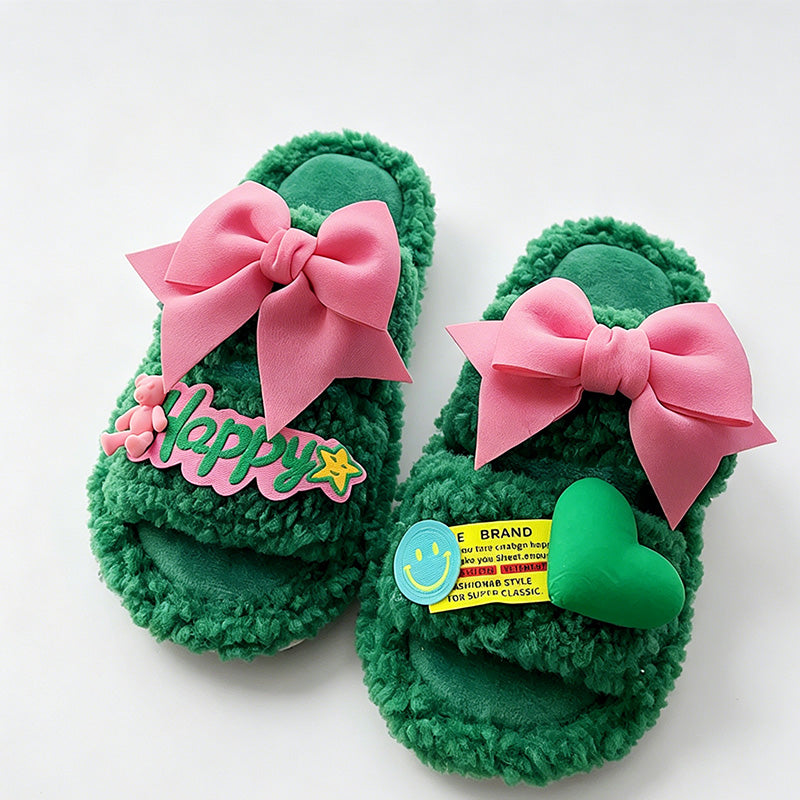 CouldNook Folded Bow Plush Open Toe Slippers - Colorful Lounge Accent
