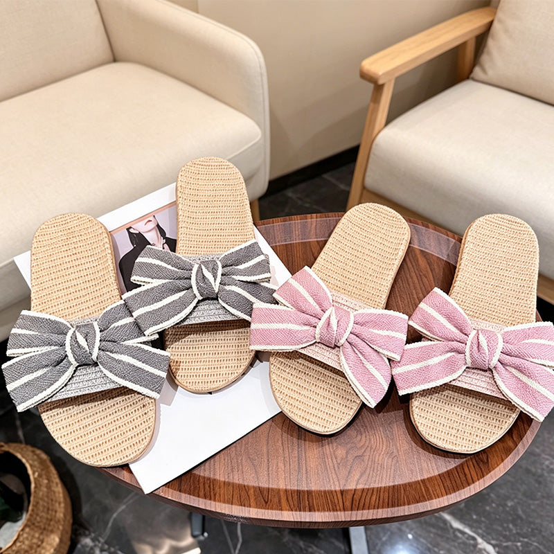 CouldNook Striped Bow Open Toe House Slippers - Dressing Corner Accent