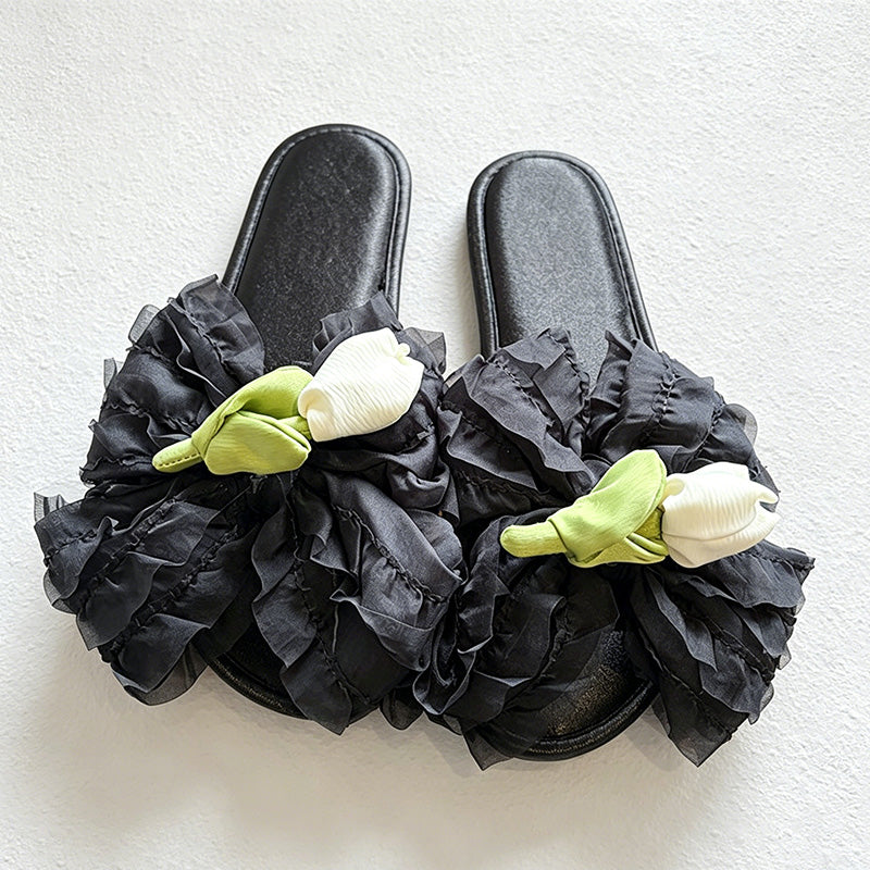 CouldNook Floral Satin Bow Slide Slippers - Sweet Lounge Accent