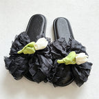 CouldNook Floral Satin Bow Slide Slippers - Sweet Lounge Accent