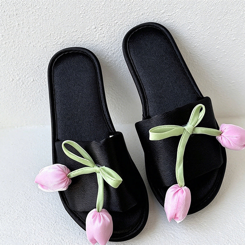 CouldNook Tulip Bow Open Toe Slippers - Gentle Bedroom Accent
