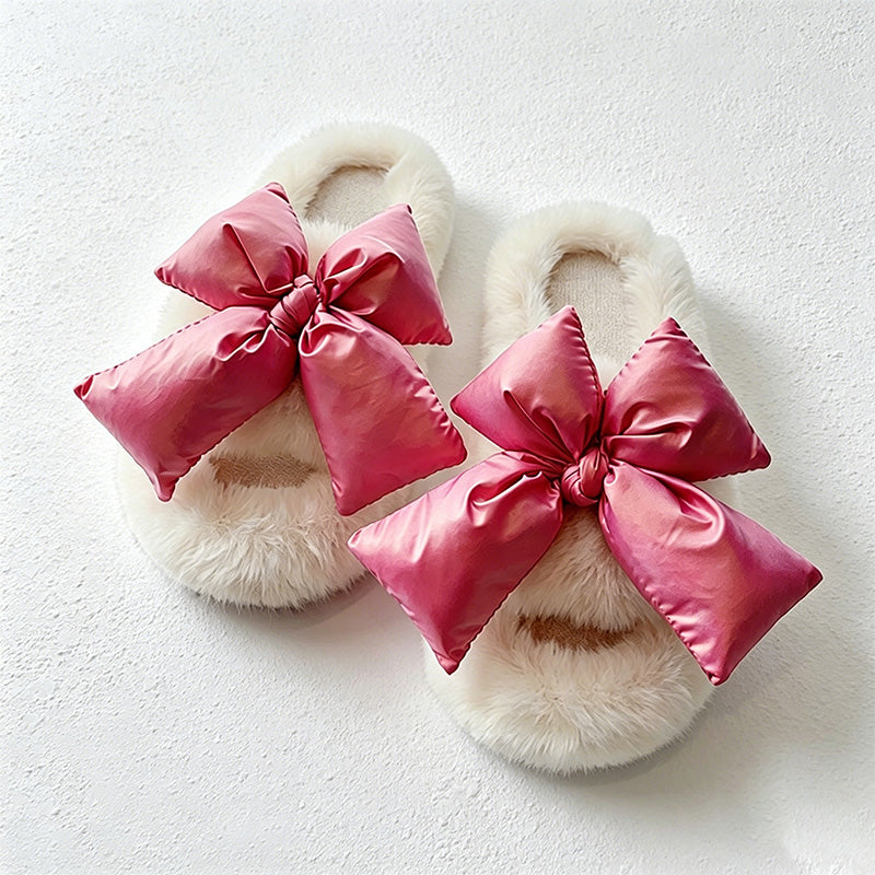 CouldNook Contrast Bow Plush Open Toe Slippers - Soft Shelf Accent