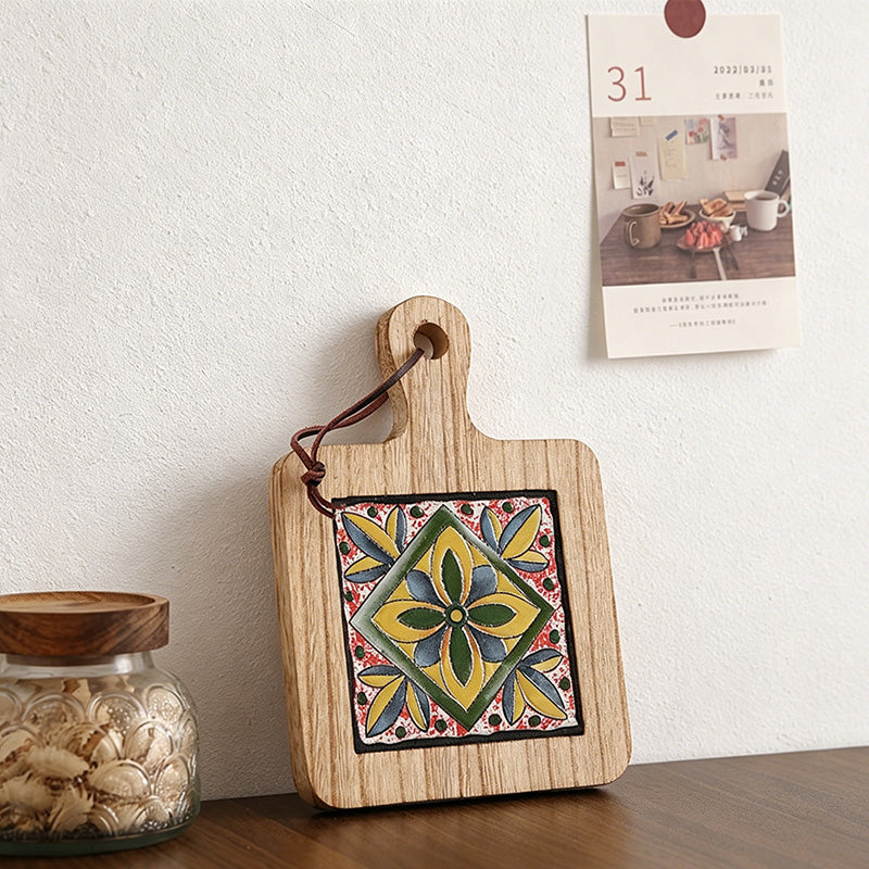 CouldNook Warm Tone Floral Tile Wooden Trivet - Heat Resistant Kitchen Pot Holder