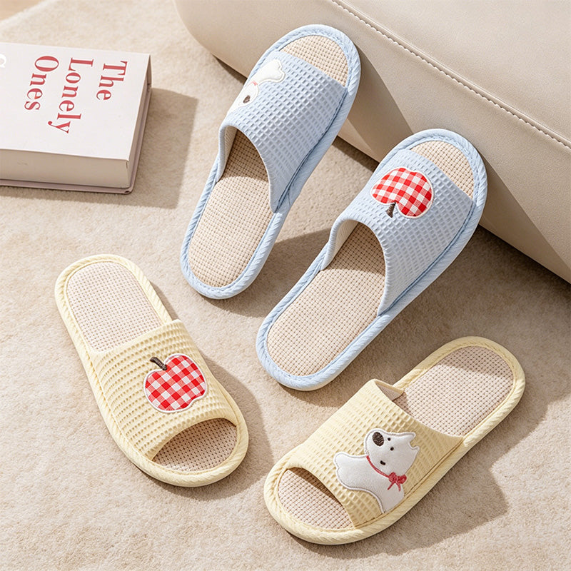 CouldNook Apple Bear Linen-Look Open Toe Slippers - Cozy Indoor Accent
