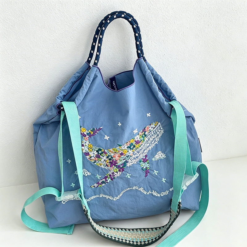 CouldNook Floral Whale Embroidery Shopping Bag - Everyday Market Accent