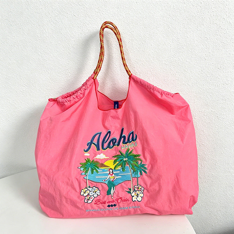 CouldNook Aloha Hawaii Scenery Embroidery Shopping Bag - Everyday Market Accent