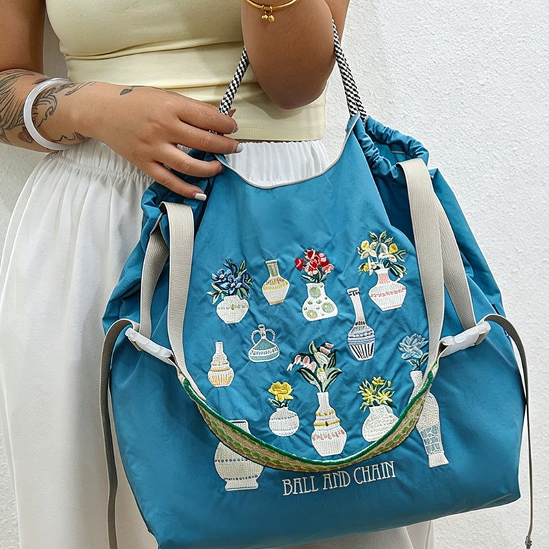 CouldNook Vase & Flower Embroidery Shopping Bag - Everyday Market Accent