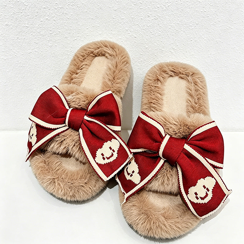 CouldNook Contrast Ribbon Plush Open Toe Slippers - Cozy Dressing Accent