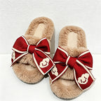 CouldNook Contrast Ribbon Plush Open Toe Slippers - Cozy Dressing Accent