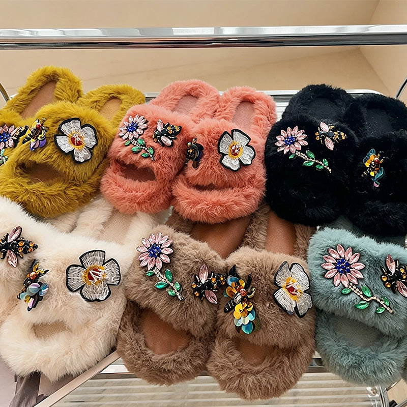 CouldNook Gem-Look Flower Plush Open Toe Slippers - Bright Room Accent