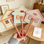CouldNook Hand-Woven Straw Hand Fan - Cartoon House & Penguin Handheld Fan