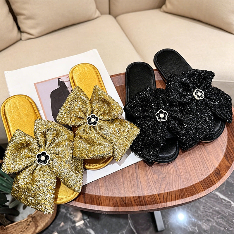 CouldNook Sequin-Look Flower Open Toe Slippers - Bright Dressing Accent