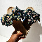 CouldNook Japanese Floral Linen Big Bow Slide Slippers - Sunny Room Accent