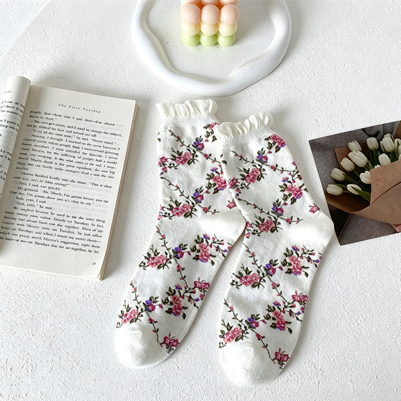 CouldNook Bubble Cuff Rose Floral Mid-Calf Socks - Stackable Socks