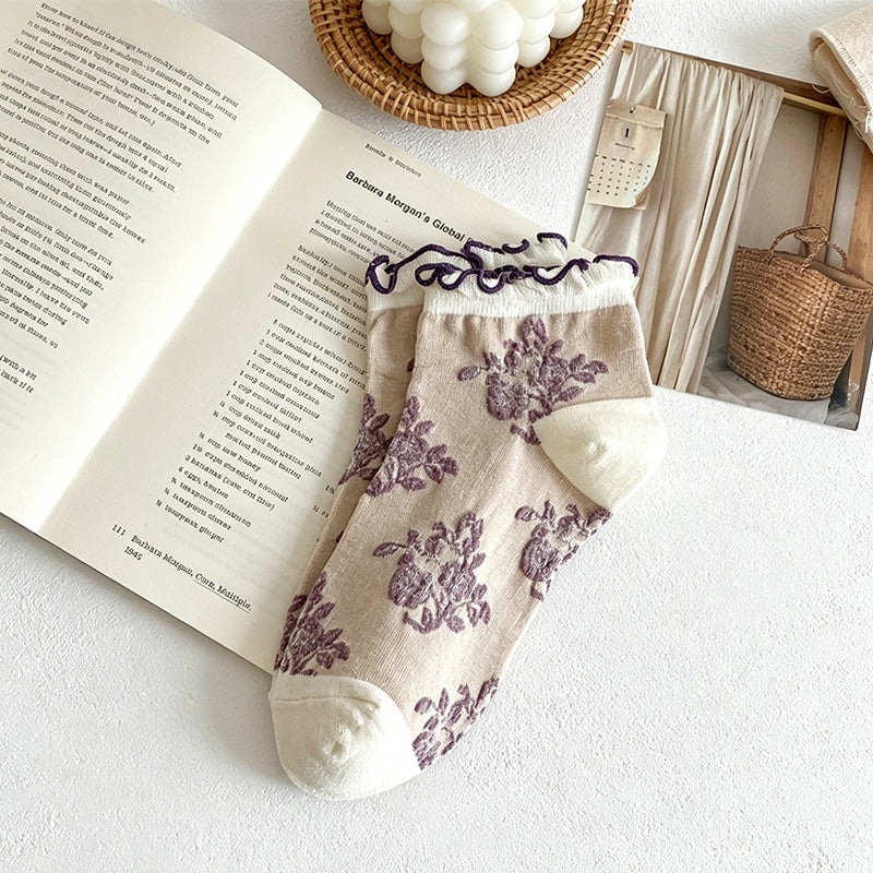 CouldNook Ruffled Cuff Embossed Floral Low Socks - Ethnic Women Socks