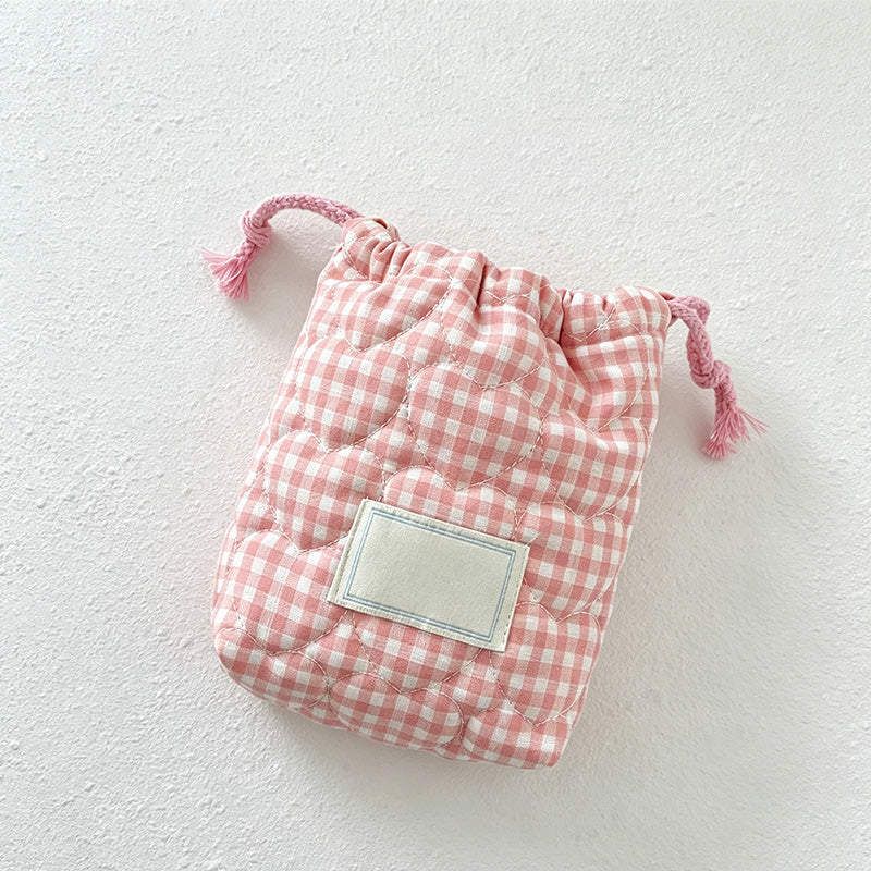 CouldNook Quilted Heart Check Drawstring Pouch - Travel Organizer Bag