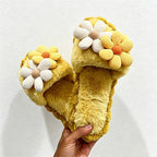 CouldNook Daisy Applique Plush Open Toe Slippers - Warm Floral Accent